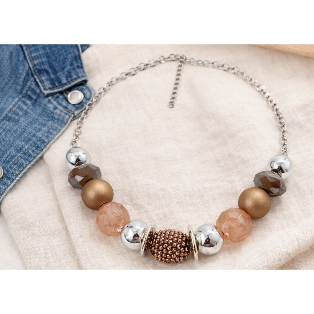 Vintage Blush Bead Necklace Rhinestone Pave Accent Gold Silver Tone 18-20"